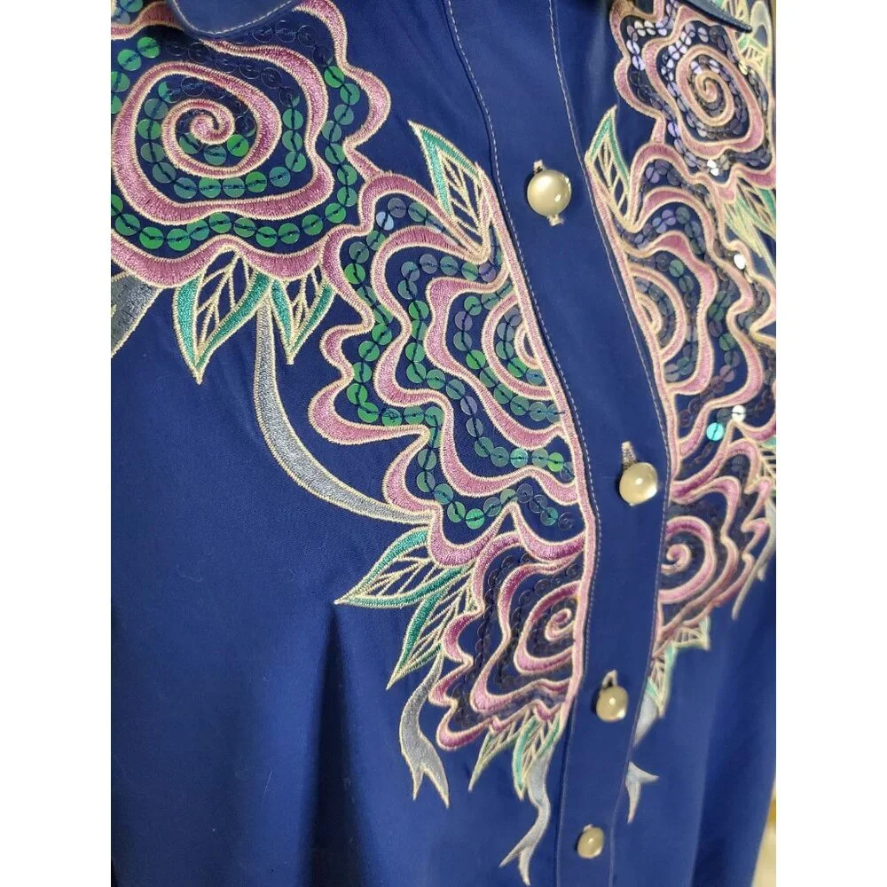 Vintage Bob Mackie Wearable Art Western Button Up Shirt Blue XL Embroidered Bows - Picture 2 of 15